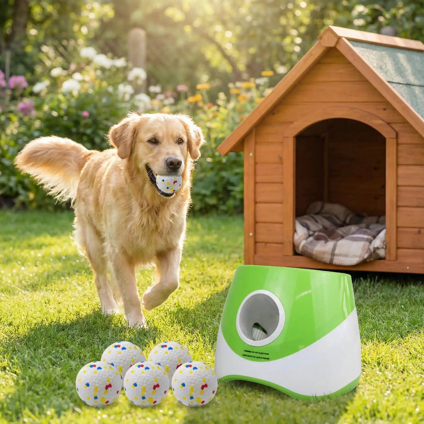 Golden jouant avec lanceur de balle vert - upplayerdog