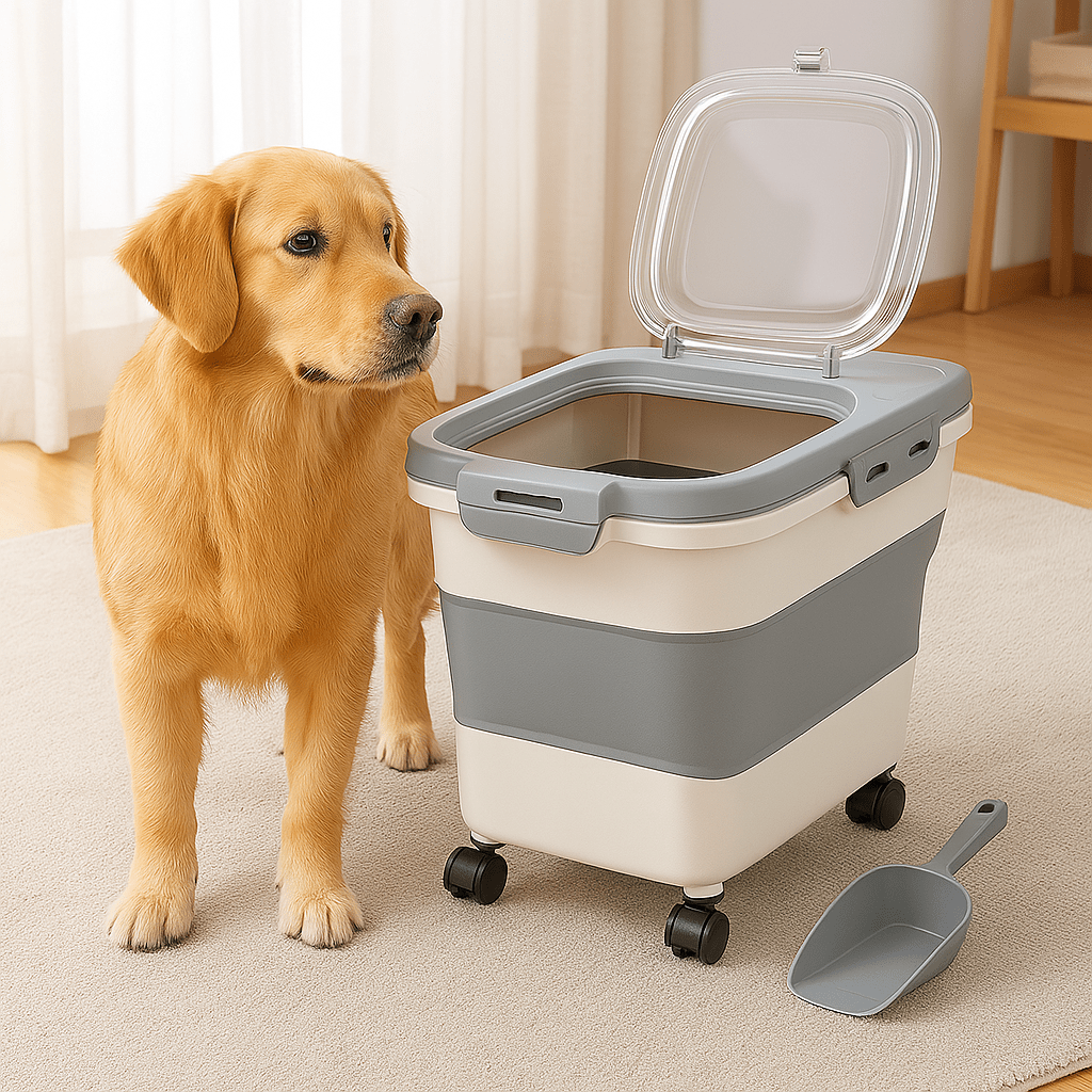 Petit chien avec un conteneur à croquettes blanc (SealedDogBucket™) Palais Canin